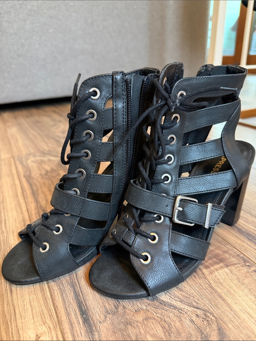 Express Women's Black Strappy Lace-Up Block Heel Sandals with zipper